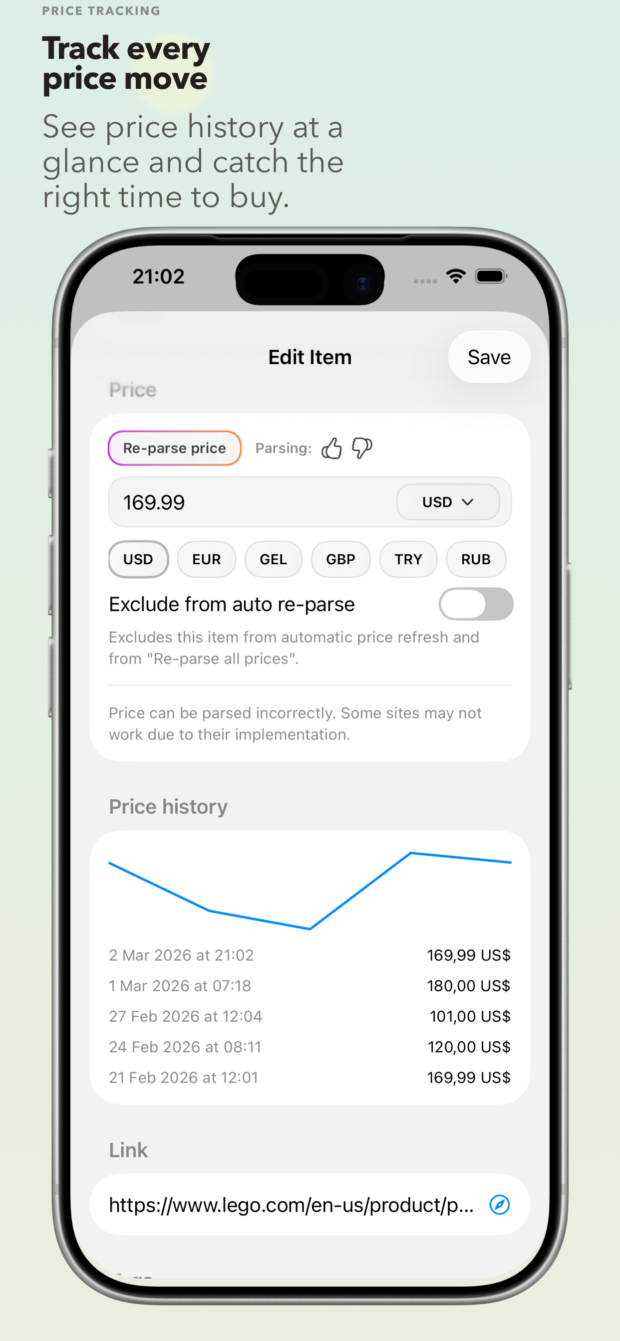 Wanted price tracking screen on iPhone